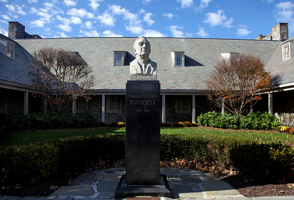FILE - The bust of President Franklin D. Roosevelt stands in front of the Franklin D. Roosevelt Presidential Library and Museum in Hyde Park, N.Y., on Nov. 2, 2009. (AP Photo/Craig Ruttle, File)
