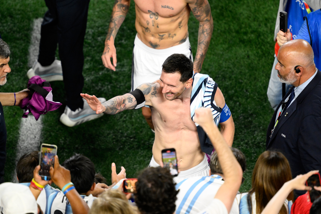 Argentina's Lionel Messi celebrates after defeating Switzerland in the World Cup quarterfinal soccer match in Kansas City, Mo., Saturday, July 11, 2026. (AP Photo/Reed Hoffmann)