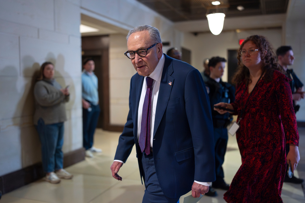 Senate Minority Leader Chuck Schumer, D-N.Y., arrives at a secure facility in the basement of the Capitol for an intelligence briefing with Secretary of State Marco Rubio on the Iran war in Washington, Monday, March 2, 2026. (AP Photo/J. Scott Applewhite)