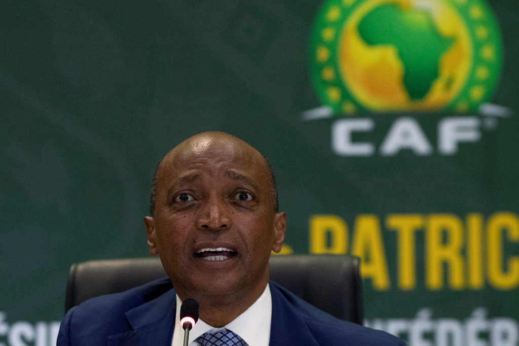 FILE - Confederation of African Football (CAF) President Patrice Motsepe speaks during a news conference in Johannesburg, South Africa, March 16, 2021. (AP Photo/Themba Hadebe, File)