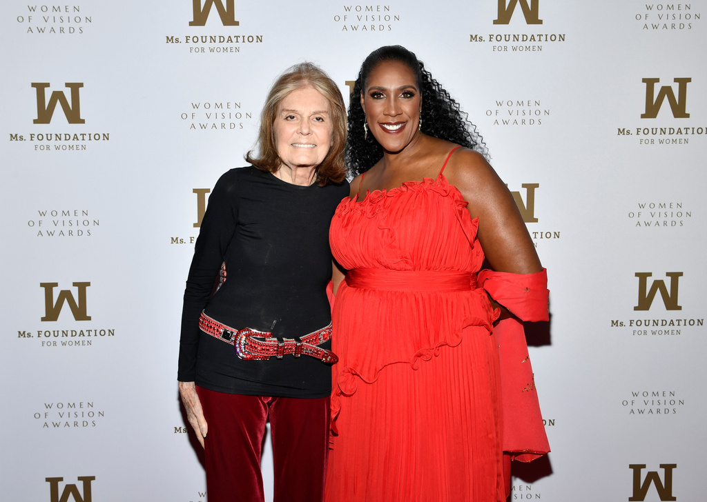 FILE - Ms. Foundation President and CEO Teresa Younger, right, and Gloria Steinem pose at the Ms. Foundation's Women of Vision Awards at the Ziegfeld Ballroom, May 16, 2023, in New York. (Photo by Evan Agostini/Invision/AP, File)
