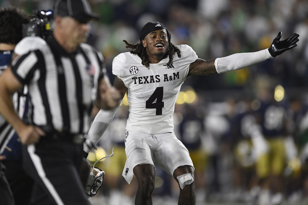 Texas A&M's Will Lee III celebrates after defeating Notre Dame 41-40 in an NCAA football game Saturday, Sept. 13, 2025, in South Bend, Ind. (AP Photo/Paul Beaty)