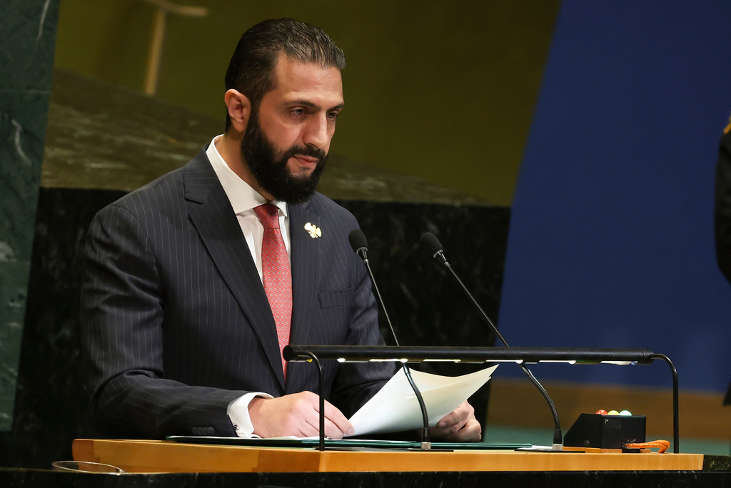 Syria President Ahmad Al-Sharaa speaks during the 80th session of the United Nations General Assembly, Wednesday, Sept. 24, 2025, at U.N. headquarters. (AP Photo/Heather Khalifa)