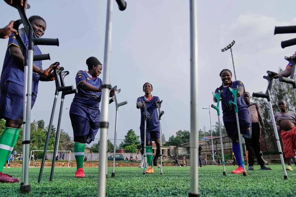 Soccer players on the Rwanda Amputee team take part in a training session in Kigali, Rwanda, on Friday, March 20, 2026. (AP Photo/Brian Inganga)