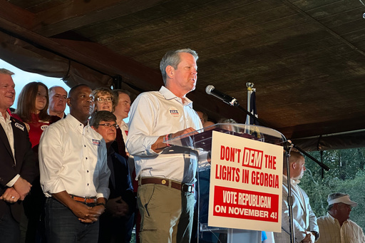 Georgia Gov. Brian Kemp speaks in support of fellow Republicans running for the Georgia Public Service Commission on Tuesday, Oct. 7, 2025 in Cumming, Ga. (AP Photo/Jeff Amy) Georgia Gov. Brian Kemp speaks in support of fellow Republicans running for the Georgia Public Service Commission on Tuesday, Oct. 7, 2025 in Cumming, Ga. (AP Photo/Jeff Amy)