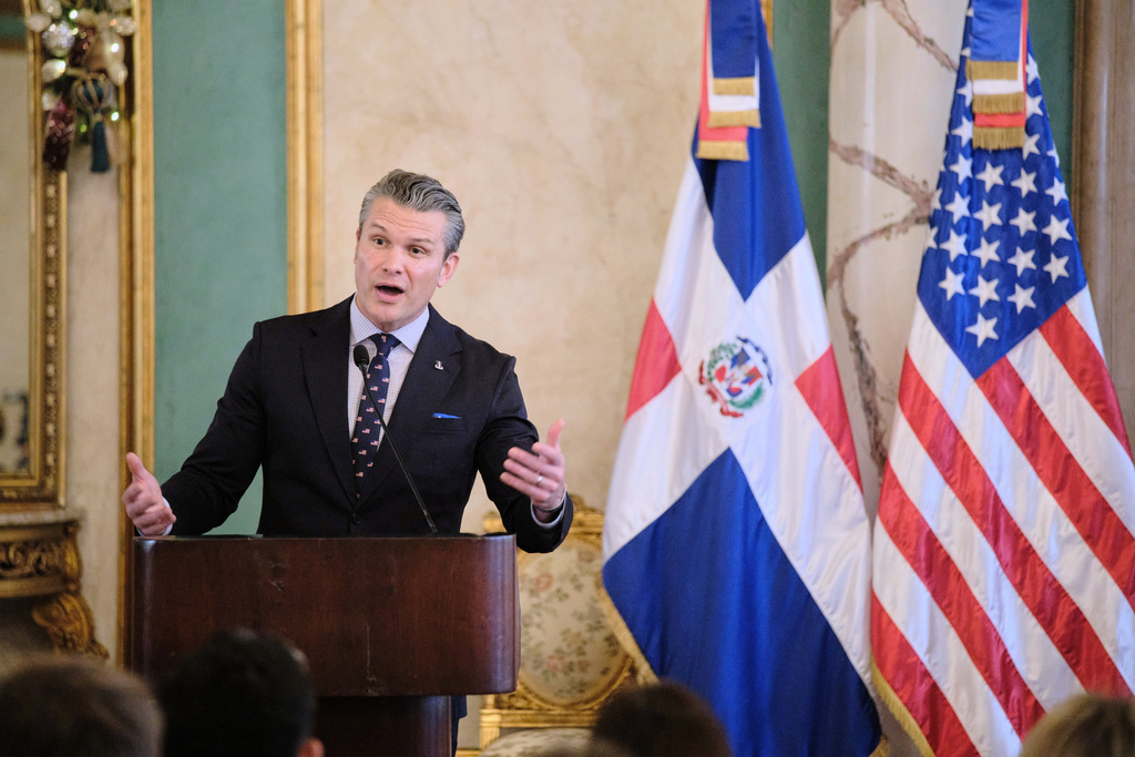U.S. Secretary of Defense Pete Hegseth speaks during a press conference after a meeting with Dominican Republic President Luis Abinader at the National Palace in Santo Domingo, Dominican Republic, Wednesday, Nov. 26, 2025. (AP Photo/Ricardo Hernadez)