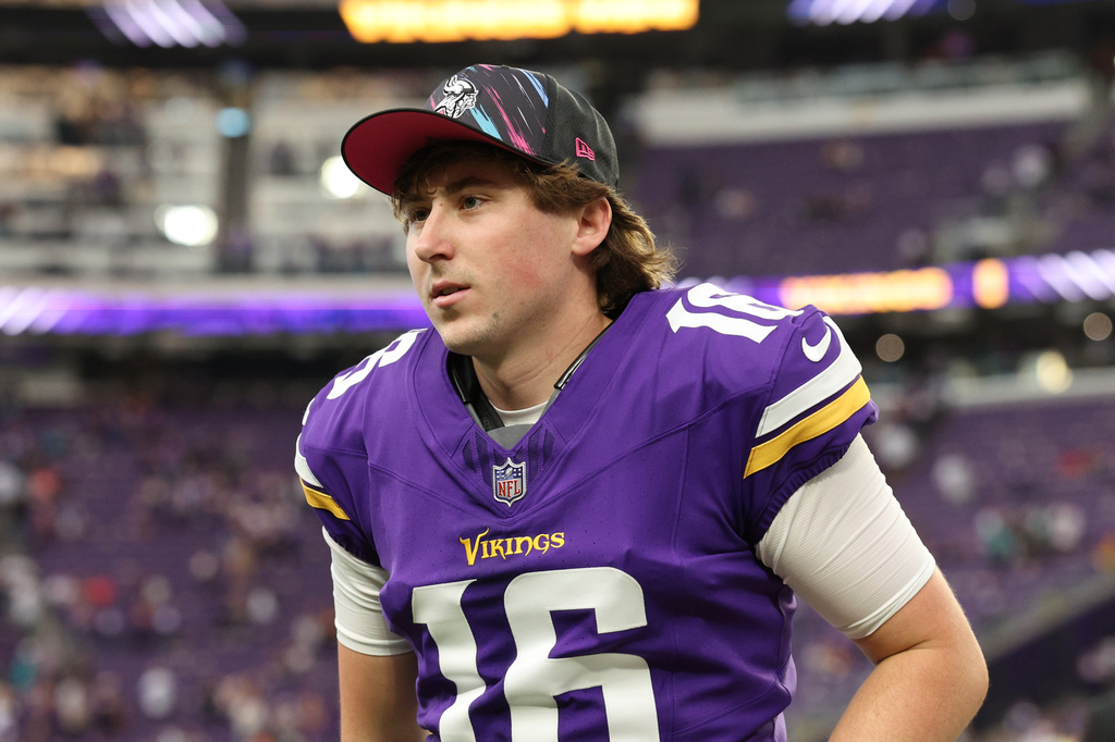 Minnesota Vikings place kicker Will Reichard leaves the field following an NFL football game against the Miami Dolphins, Sunday, Oct. 4, 2026, in Minneapolis. (AP Photo/Matt Krohn)