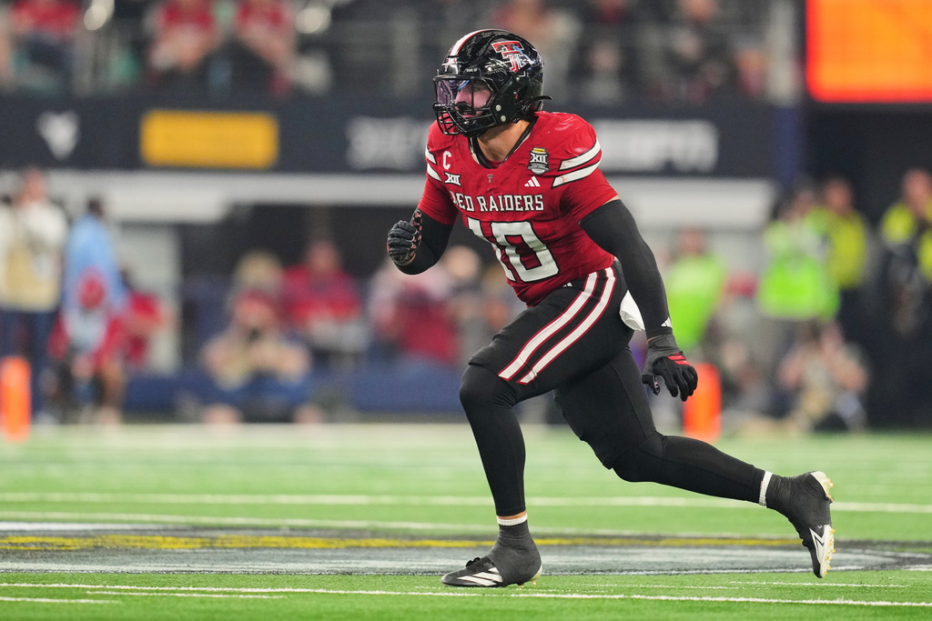 FILE - Texas Tech linebacker Jacob Rodriguez (10) defends during the Big 12 Conference championship NCAA college football game between Texas Tech and BYU Saturday, Dec. 6, 2025, in Arlington, Texas. (AP Photo/Julio Cortez, File)