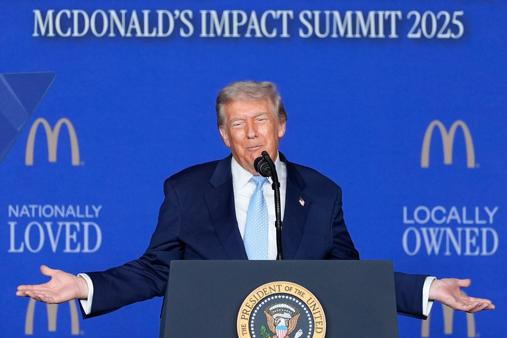 President Donald Trump speaks at the McDonald's Impact Summit, Monday, Nov. 17, 2025, in Washington. (AP Photo/Alex Brandon)