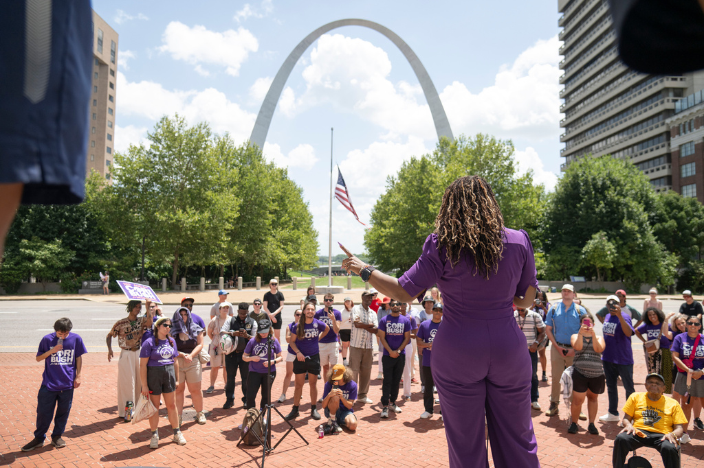 Former Rep. Cori Bush, D-Mo., speaks during a campaign rally on Saturday, July 18, 2026, in St. Louis. (AP Photo/Michael Thomas)