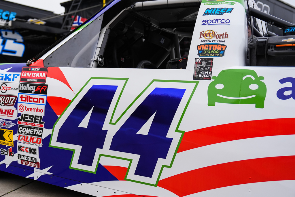 A decal is displayed on the on the truck of Andres Perez De Lara in honor of the late driver Kyle Busch, Friday, May 22, 2026, in Charlotte, N.C. (AP Photo/Matt Kelley)