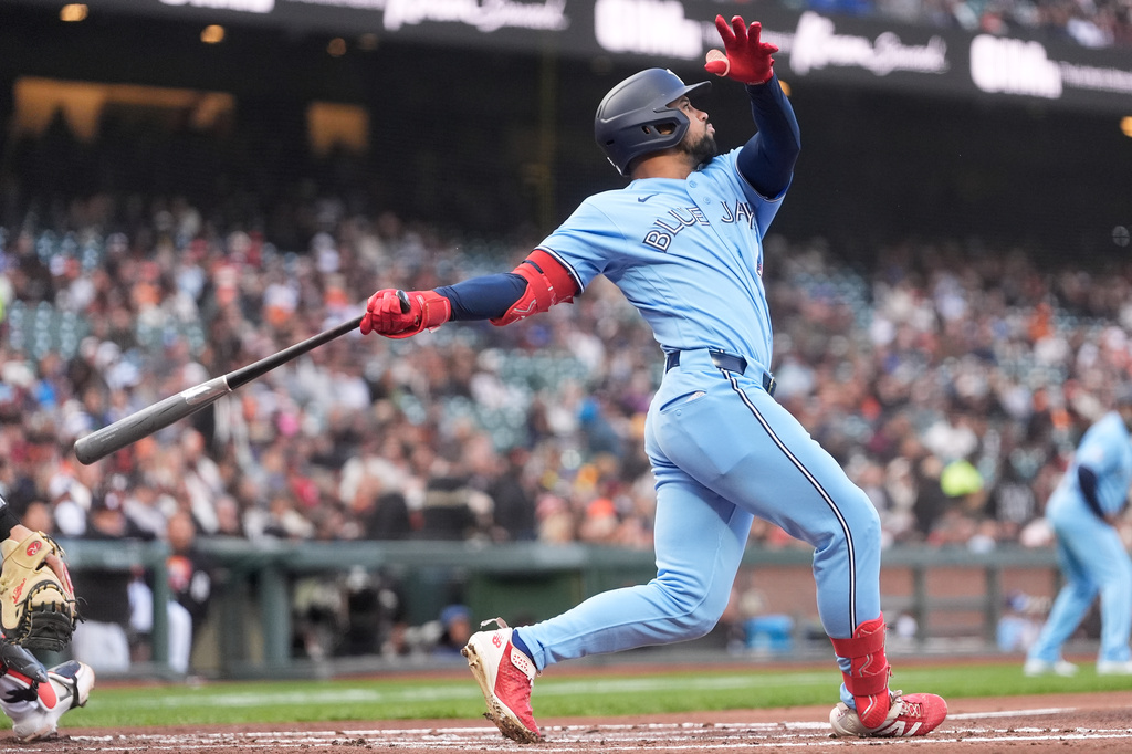 Toronto Blue Jays' Jonatan Clase watches his three-run home run against the San Francisco Giants during the second inning of a baseball game Tuesday, July 7, 2026, in San Francisco. (AP Photo/Jeff Chiu)