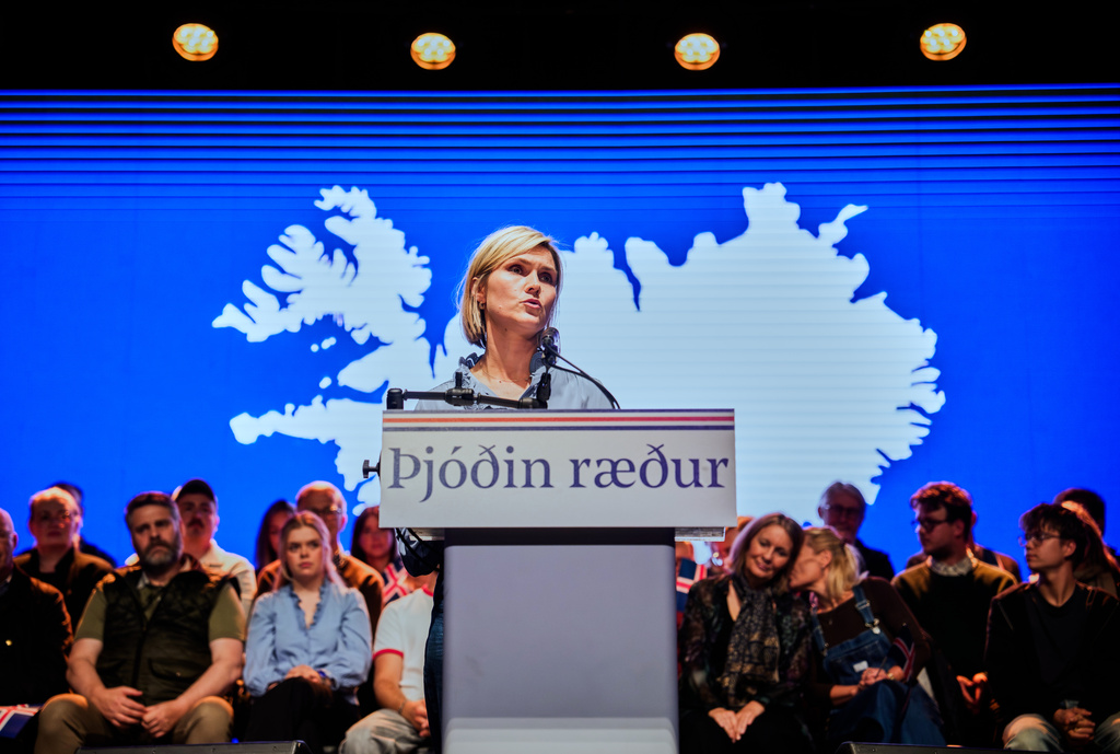 Icelandic Prime Minister Kristrun Frostadottir speaks at a public event about a referendum on whether to resume accession negotiations with the European Union in Reykjavik, Iceland, Wednesday, Aug. 26, 2026. (AP Photo/Marco Di Marco)