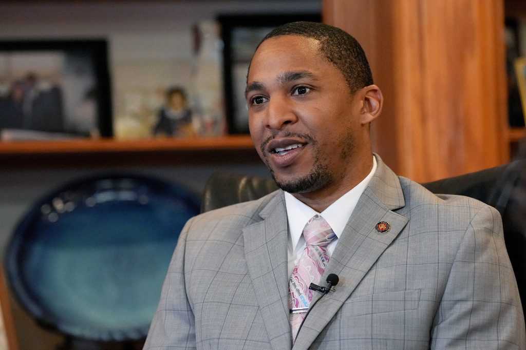 Mississippi State Sen. Bradford Blackmon, D-Canton, reacts to Wednesday's U.S. Supreme Court ruling in a decision that limits how the Voting Rights Act can be used to challenge voting maps, Friday, May 1, 2026, in Canton, Miss. (AP Photo/Rogelio V. Solis)