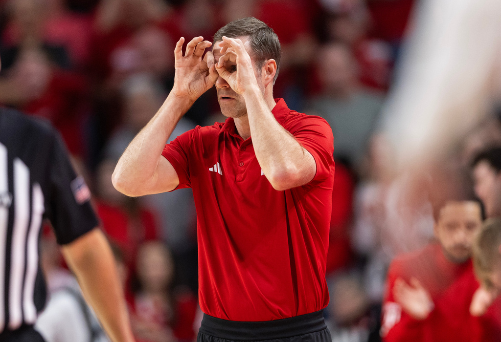 Nebraska head coach Fred Hoiberg signals to his team as they play against Iowa during the first half of an NCAA college basketball game, Sunday, March 8, 2026, in Lincoln, Neb. (AP Photo/Rebecca S. Gratz)