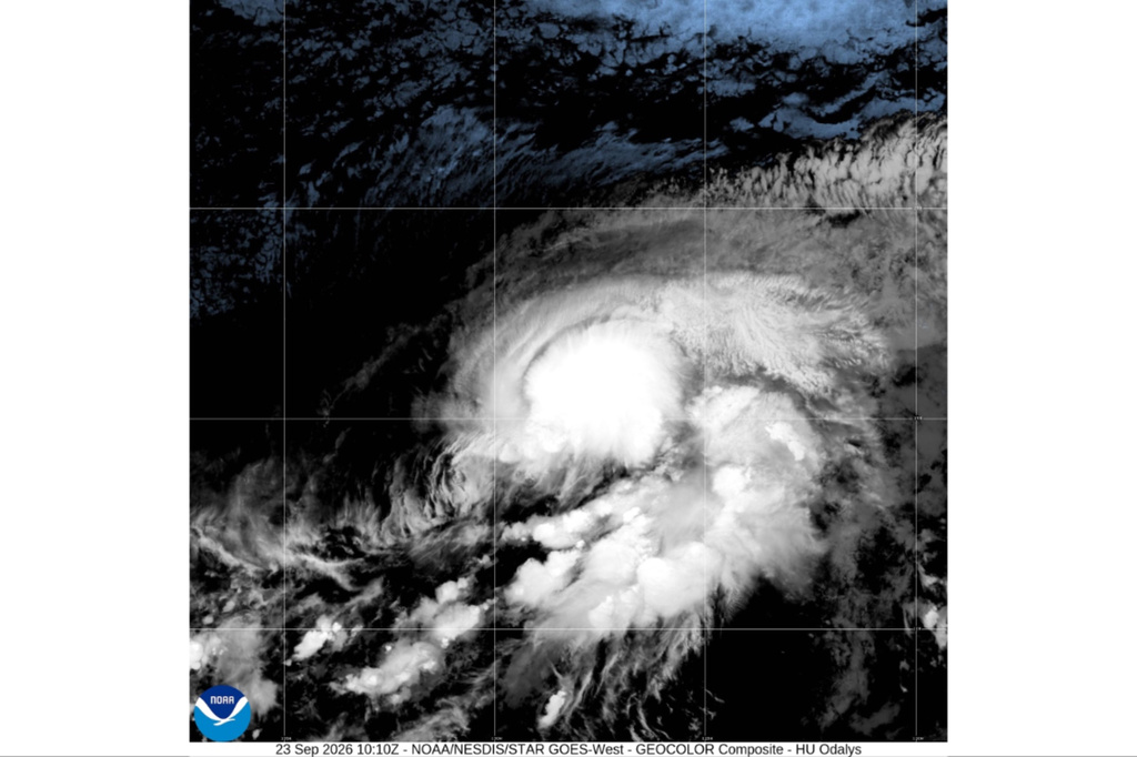 This satellite image from the National Oceanic and Atmospheric Administration shows Hurricane Odalys in the Pacific Ocean, Wednesday, Sept. 23, 2026. (NOAA via AP)