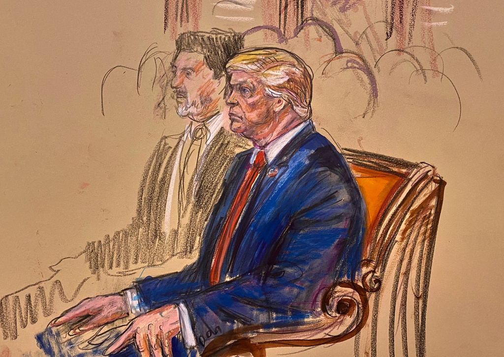 This courtroom sketch depicts President Donald Trump seated in the U.S. Supreme Court gallery, Wednesday, April 1, 2026, in Washington. (Dana Verkouteren via AP)