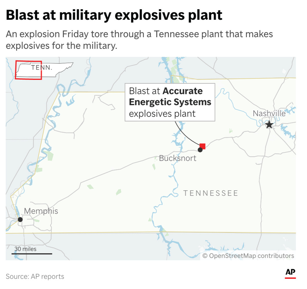 The site of Friday's blast at a Tennessee explosives plant. (AP Digital Embed)