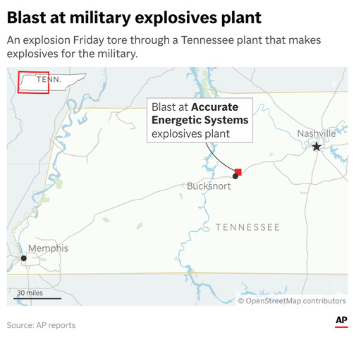 The site of Friday's blast at a Tennessee explosives plant. (AP Digital Embed) The site of Friday's blast at a Tennessee explosives plant. (AP Digital Embed)