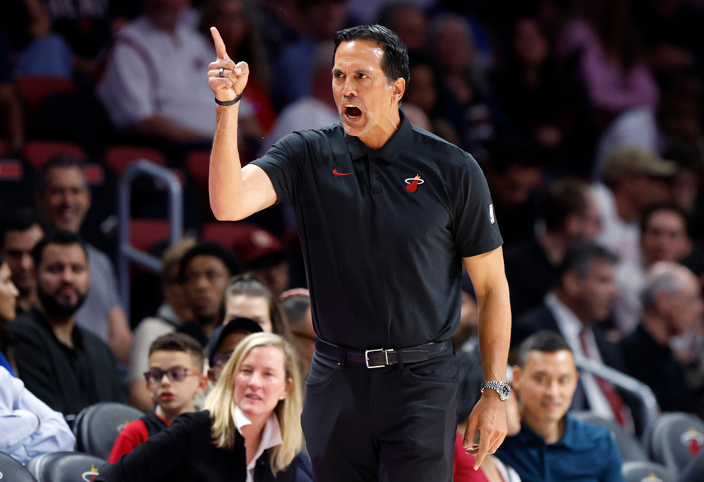 Miami Heat head coach Erik Spoelstra gestures during the first half of an NBA basketball game against the Orlando Magic in Miami, Saturday, March 14, 2026. (AP Photo/Rhona Wise)