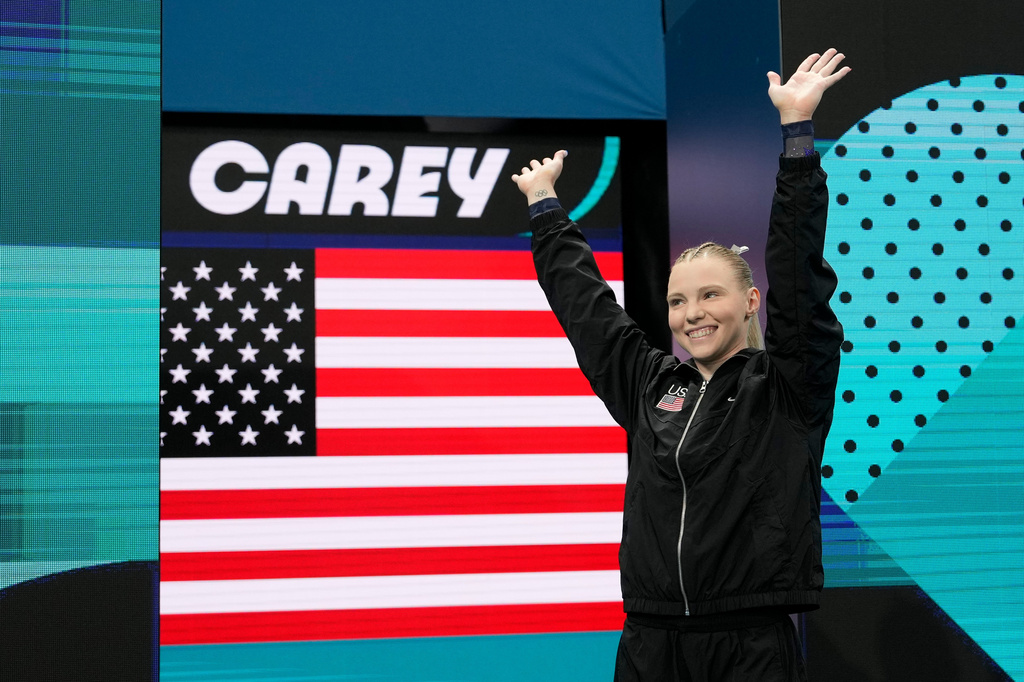 FILE - Jade Carey, of the United States, is introduced during the women's artistic gymnastics individual vault finals at Bercy Arena at the 2024 Summer Olympics, Aug. 3, 2024, in Paris. (AP Photo/Francisco Seco, File)