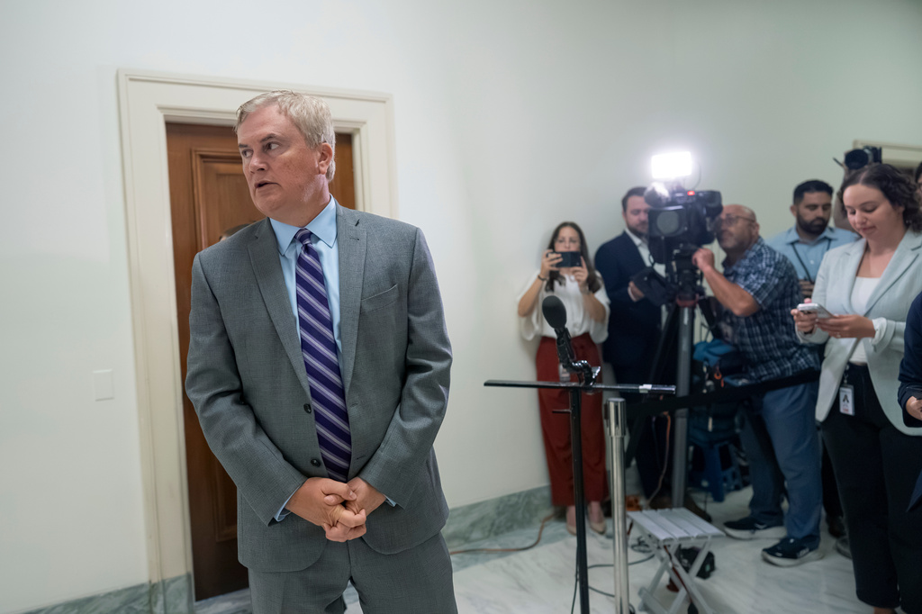 House Oversight Committee Chairman James Comer, R-Ky., speaks to reporters after Leon Black, a billionaire with close ties to Jeffrey Epstein, refused to appear as a witness in the panel's investigation, on Capitol Hill in Washington, Thursday, Sept. 3, 2026. (AP Photo/J. Scott Applewhite)