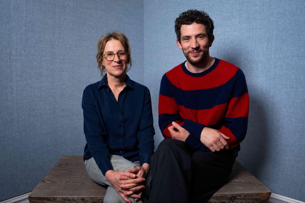 Director Kelly Reichardt, left, and Josh O'Connor pose for a portrait to promote the film "The Mastermind" in London on Monday, Oct. 13, 2025. (Photo by Scott A Garfitt/Invision/AP)