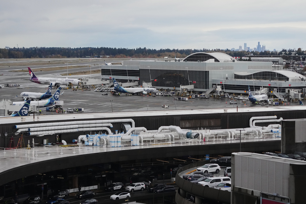 FILE - Hawaiian and Alaska Airlines airplanes are seen parked at gates at Seattle-Tacoma International Airport, Nov. 6, 2025, in SeaTac, Wash. (AP Photo/Lindsey Wasson, File)