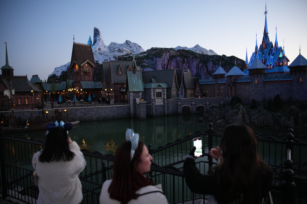 The new theme World of Frozen is pictured during its inauguration at Disneyland Paris in Marne-la-Vallee, east of Paris, Saturday, March 28, 2026. (AP Photo/Christophe Ena)