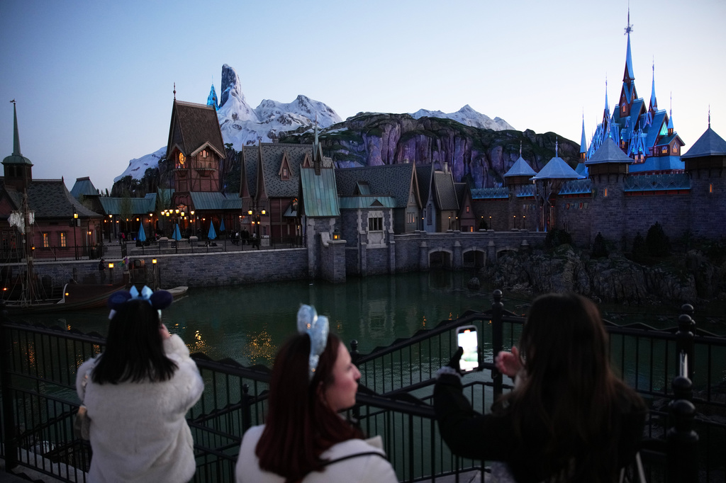 The new theme World of Frozen is pictured during its inauguration at Disneyland Paris in Marne-la-Vallee, east of Paris, Saturday, March 28, 2026. (AP Photo/Christophe Ena)
