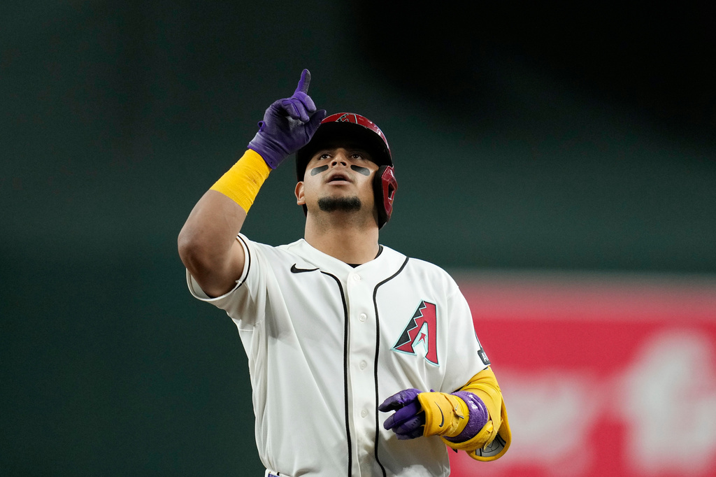 Arizona Diamondbacks' Gabriel Moreno looks up after hitting a single during the third inning of a baseball game against the St. Louis Cardinals, Saturday, July 18, 2026, in Phoenix. (AP Photo/Ross D. Franklin)