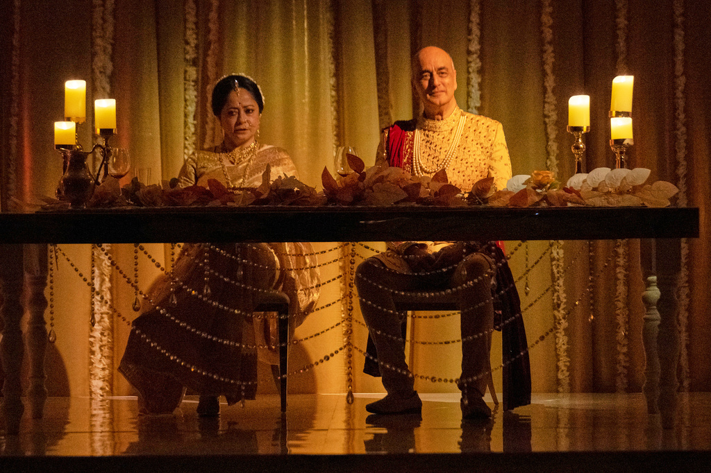 This image released by Vertical shows Sheeba Chaddha, left, and Art Malik in a scene from "Hamlet." (Vertical via AP)