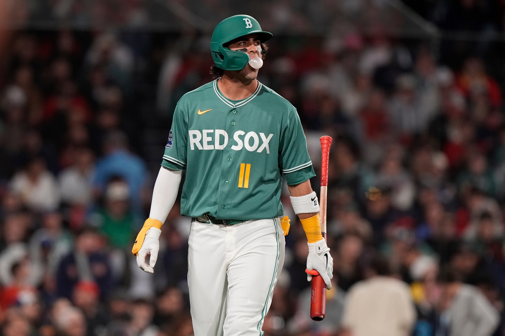 Boston Red Sox's Marcelo Mayer walks to the dugout after striking out in the fifth inning of a baseball game against the Detroit Tigers, Friday, April 17, 2026, in Boston. (AP Photo/Robert F. Bukaty)