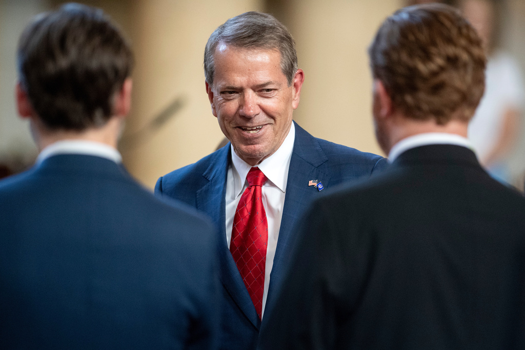 FILE - Nebraska Gov. Jim Pillen greets state senators before giving a speech on June 2, 2025, in Lincoln, Neb. (Justin Wan/Lincoln Journal Star via AP, file)