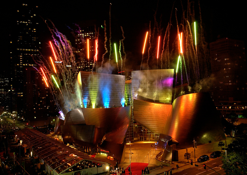 FILE - Fireworks light the Walt Disney Concert Hall designed by Frank Gehry in Los Angeles, Oct. 23, 2003. (AP Photo/Nam Y. Huh, File)