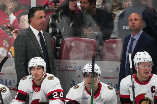 Ottawa Senators center Dylan Cozens (24) and left wing David Perron (57) look up at the scoreboard during the third period of an NHL hockey game against the Florida Panthers, Saturday, Oct. 11, 2025, in Sunrise, Fla. (AP Photo/Marta Lavandier) Ottawa Senators center Dylan Cozens (24) and left wing David Perron (57) look up at the scoreboard during the third period of an NHL hockey game against the Florida Panthers, Saturday, Oct. 11, 2025, in Sunrise, Fla. (AP Photo/Marta Lavandier)