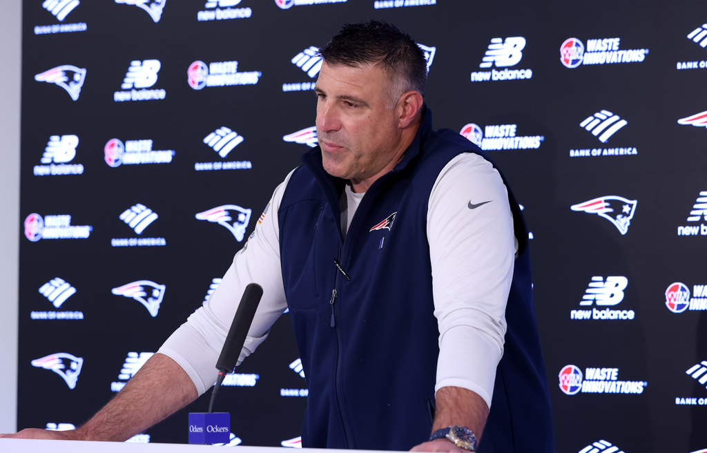 New England Patriots head coach Mike Vrabel speaks during an NFL football press conference, Tuesday, April 21, 2026, in Foxborough, Mass. (AP Photo/Mark Stockwell)