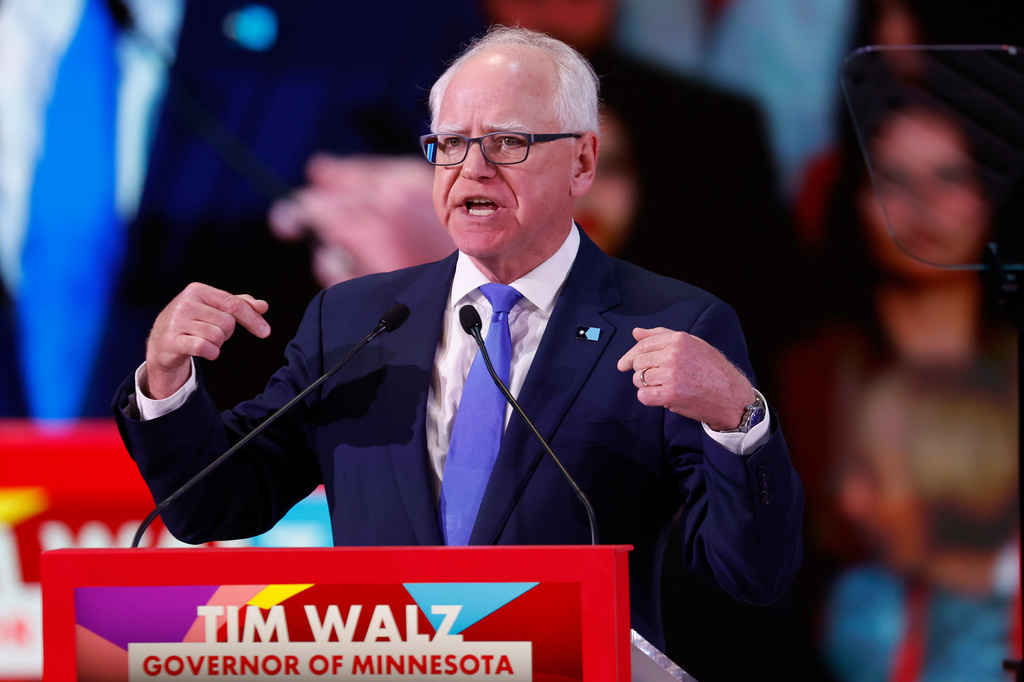 Gov. Tim Walz, D-Minn., delivers a speech at the Global Progressive Mobilisation summit in Barcelona, Spain, Saturday, April 18, 2026. (AP Photo/Joan Monfort)