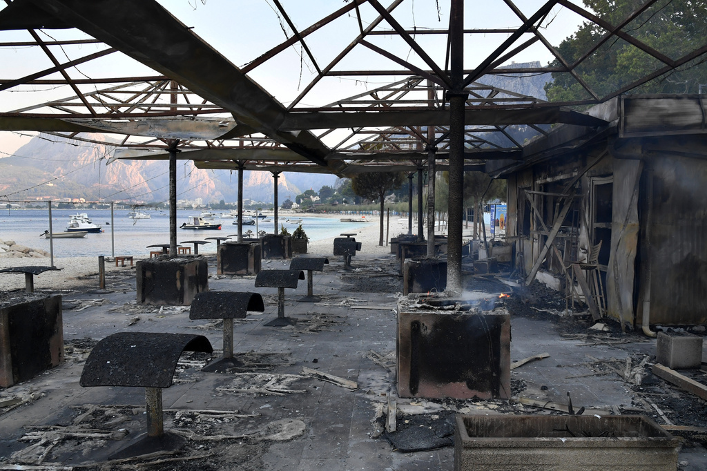 A view of a beach bar in the aftermath of a wildfire on the Adriatic coast near Omis, southern Croatia, Friday, Aug. 14, 2026. (AP Photo/Josko Ponos)