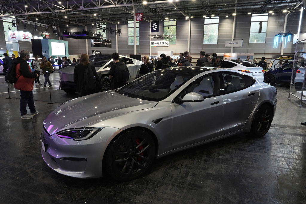 FILE - A Tesla Model S is pictured at the Paris Auto Show, in Paris, Oct. 14, 2024. (AP Photo/Michel Euler, File)