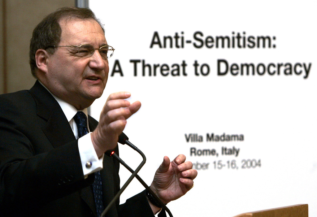 FILE - In this Dec. 16, 2004 file photo, Abe Foxman, director of the U.S. Anti-Defamation League, delivers his address on the second day of a two-day conference on anti-Semitism, in Rome. (AP Photo/Andrew Medichini, File)