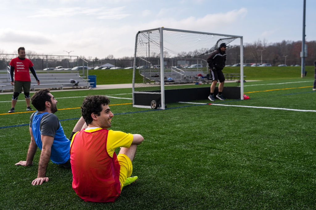 People play soccer at Stony Brook University in Stony Brook, N.Y., Friday, April 3, 2026. (AP Photo/Ryan Murphy)