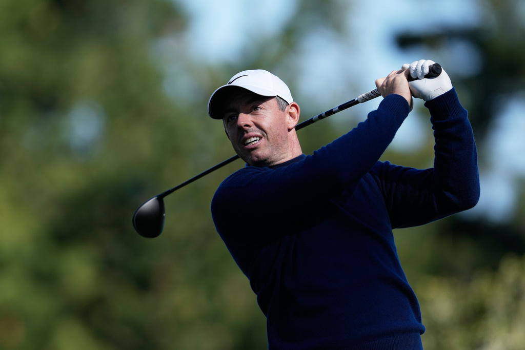 Rory McIlroy, from Northern Ireland, hits from the 17th tee at Spyglass Hill Golf Course during the first round of the AT&T Pebble Beach Pro-Am golf tournament in Pebble Beach, Calif., Thursday, Feb. 12, 2026. (AP Photo/Godofredo A. Vásquez)