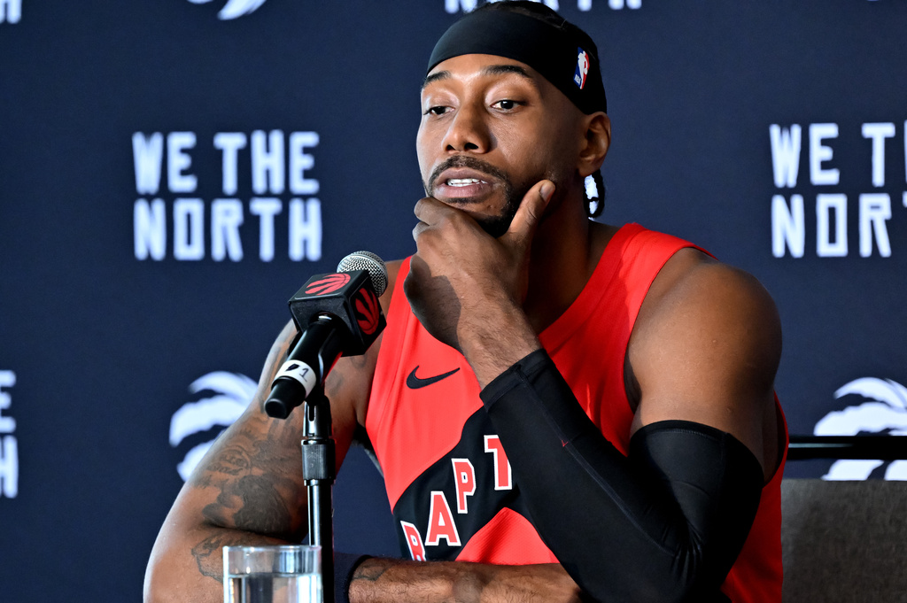 Toronto Raptors forward Kawhi Leonard speaks at the Raptors media day in Toronto on Monday, Sept. 28, 2026. (Jon Blacker/The Canadian Press via AP)