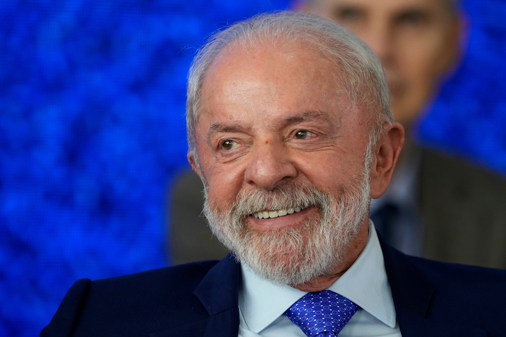 Brazil's President Luiz Inacio Lula da Silva smiles during the presentation ceremony of the FIFA World Cup Trophy Tour at the Planalto presidential palace in Brasilia, Brazil, Thursday, Feb. 26, 2026. (AP Photo/Eraldo Peres)