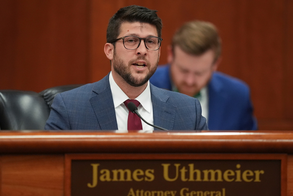 FILE - Florida Attorney General James Uthmeier speaks during a meeting at the Florida capitol in Tallahassee, Fla., March 5, 2025. (AP Photo/Rebecca Blackwell, File)