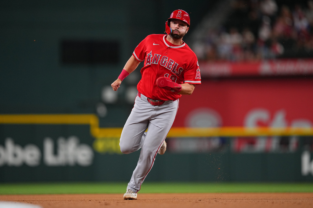 Los Angeles Angels' Nolan Schanuel runs the bases while scoring on a double by Jorge Soler against the Texas Rangers during the first inning of a baseball game, Tuesday, July 7, 2026, in Arlington, Texas. (AP Photo/Julio Cortez)
