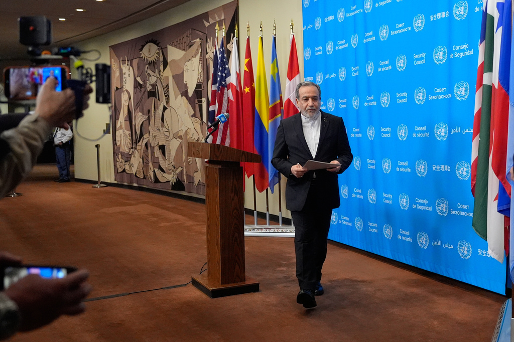 Iran's Foreign Minister Abbas Araghchi walks from the podium after speaking to the media during the 81st session of the United Nations General Assembly at United Nations headquarters, Friday, Sept. 25, 2026. (AP Photo/Yuki Iwamura)