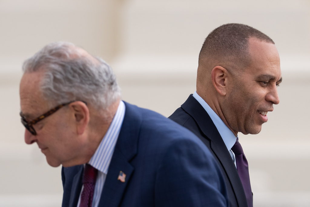 Sen. Chuck Schumer, D-N.Y., and Rep. Hakeem Jeffries, D-N.Y., attend an event marking the installation of a plaque commemorating Jan. 6 at the U.S. Capitol on Wednesday, March 25, 2026, in Washington. (AP Photo/Allison Robbert)