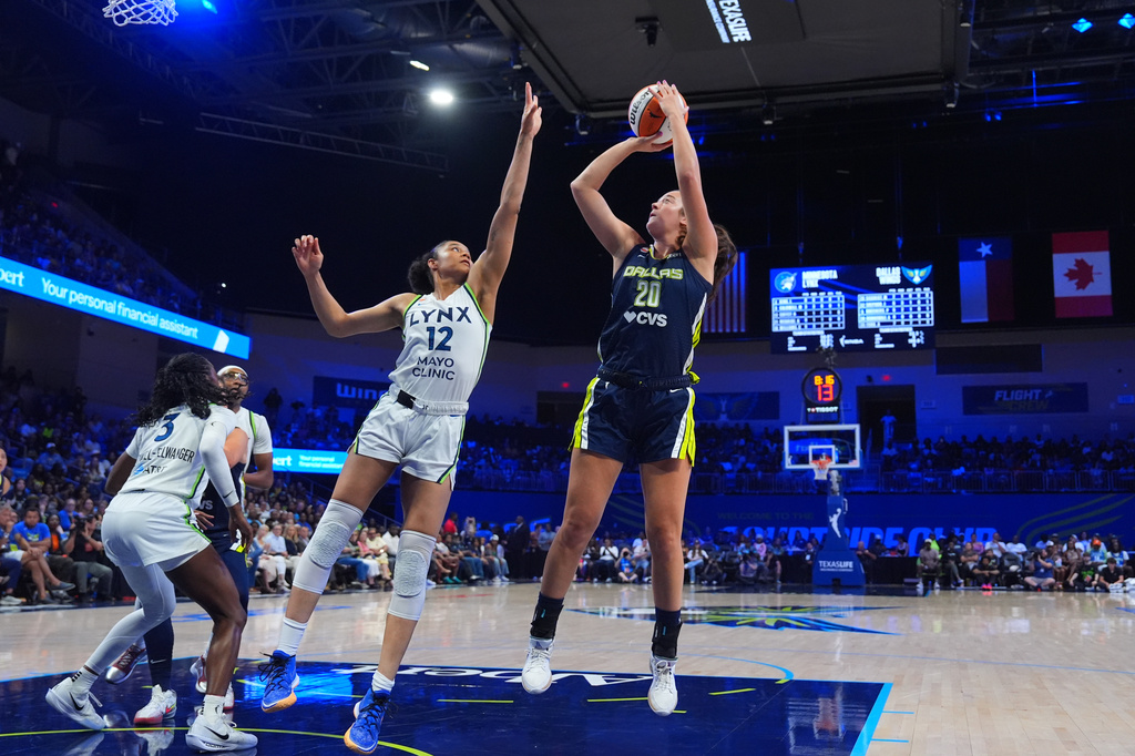Dallas Wings forward Maddy Siegrist (20) goes up to shoot against Minnesota Lynx forward Nia Coffey (12) during the first half of a WNBA basketball game in Arlington, Texas, Sunday, June 28, 2026. (AP Photo/LM Otero)